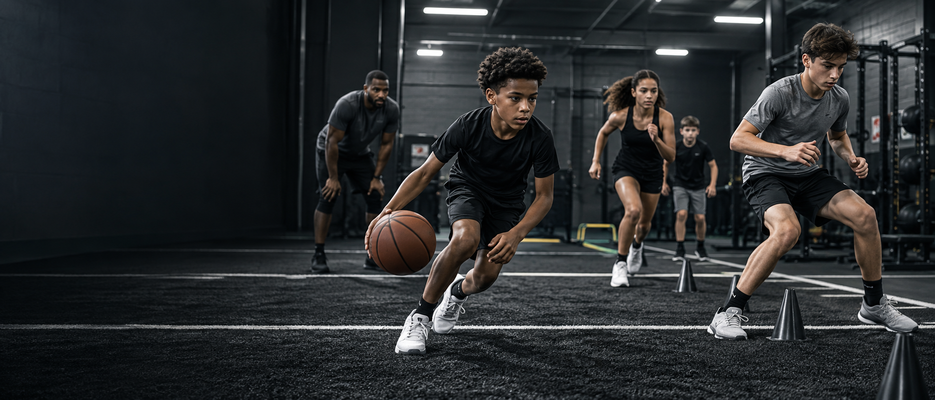 Young athletes training together in a modern indoor athletic facility